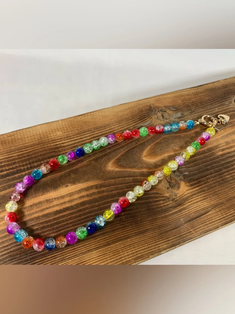 Carnival Rainbow Glass Crackle Bead Gold Tone Necklace 16.5”